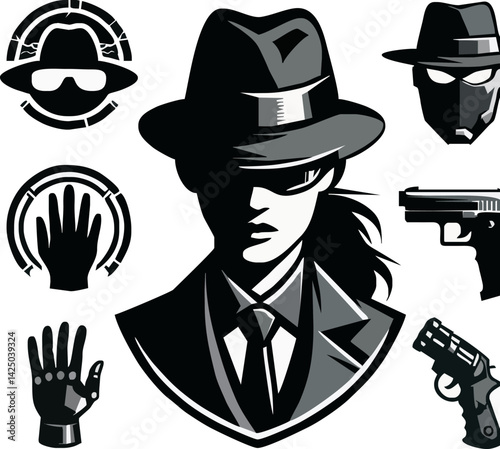 Spy Agent Icon Pack: An edgy and enigmatic icon pack featuring a stylish woman with sleek fedora, sunglasses and a tie, and several other related icons, including a gloved hand, a handgun.