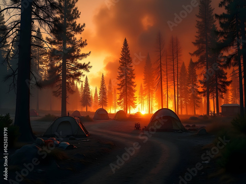 A desolate camping ground portrays the somber aftermath of hasty departure, with tents, gear scattered reflecting a narrative of abandonment amid nature