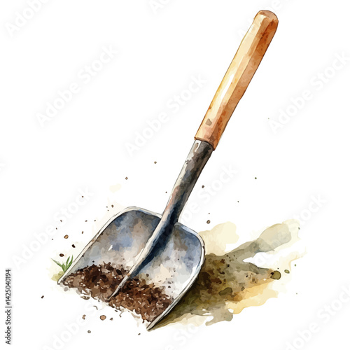 Garden hoe for tilling soil, watercolor illustration, isolated on a white background.

