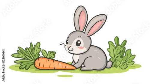 Cute gray rabbit eating a carrot in a grassy field