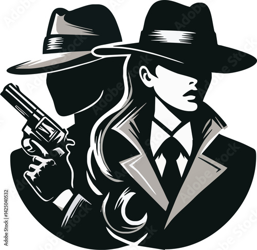 The Mysterious Duo: A powerful illustration of a shadowed man and a woman, both wearing fedoras and one holding a revolver, creates a compelling image of mystery and intrigue.