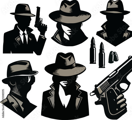 Detective Icon Set: A striking set of six black silhouettes featuring a fedora-wearing detective, handgun, and bullets, ideal for creating a captivating and mysterious feel for any project.