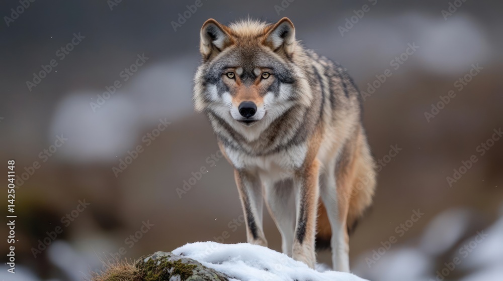 Fototapeta premium A lone animal stands alert on a snow-covered rock formation against a blurred forest backdrop. Its fur displays shades of brown gray and cream, with focused eyes and an intense gaze