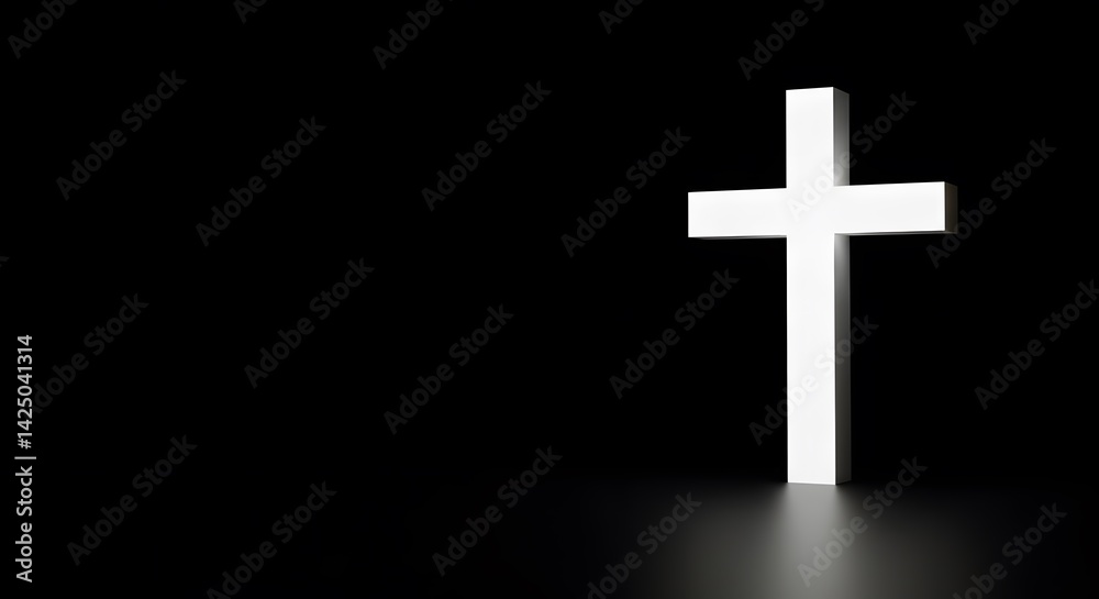 Minimalist white cross stands against a stark black background, casting a faint reflection. Minimalist white cross stands against a stark black background, casting a faint reflection.