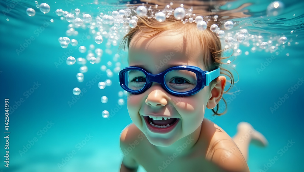 Fototapeta premium A Happy Child's Underwater Adventure, Goggles, Bubbles, and Joyful Exploration in the Swimming Pool during a Sunny Day of summer vacation time