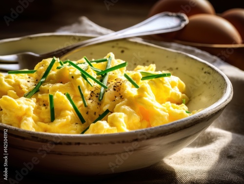 Scrambled Egg Gourmet Delight Featuring Fresh Chives on a Rustic Table Top with Moody Lighting