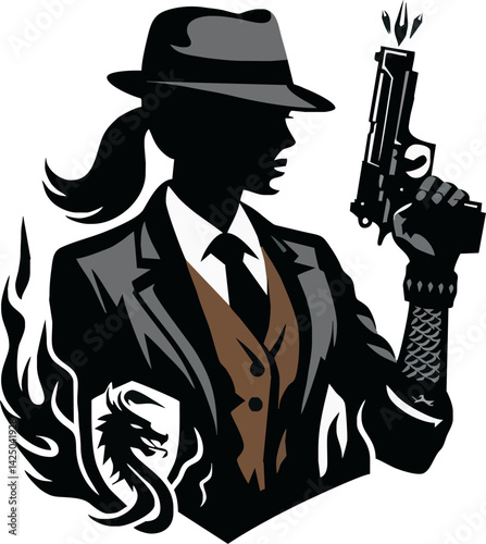 Femme Fatale Silhouette: A captivating silhouette of a woman exudes power and mystery, clutching a handgun with an air of unwavering confidence, embodies strength and intrigue. 