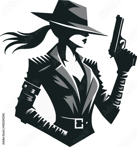 Silhouette of the Enigmatic Agent: A bold and mysterious silhouette of a woman, hat and gun, epitomizes strength, covert operation, and silent determination, with the essence of secret missions.
