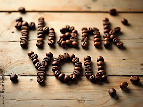 A Heartfelt Expression, ,Thank You, Spelled Out with Coffee Beans on a Warm Wooden Surface, Creating an Inviting and Appreciative Still Life Composition