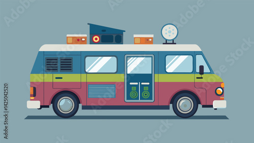 A hightech mobile vinyl van with a sleek and modern design and advanced DJ equipment adding an extra layer of excitement and entertainment to outdoor Vector illustration