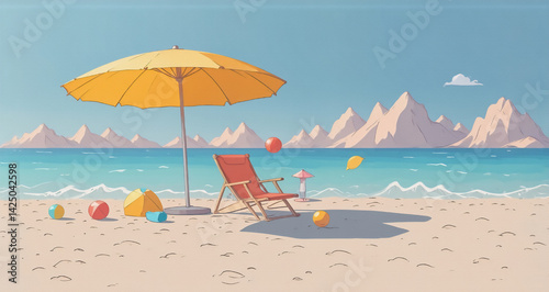 Here s a description and keywords   A sunny beach scene  with an umbrella  chair  balls  and mountains  invites relaxation. The ocean breeze whispers secrets.