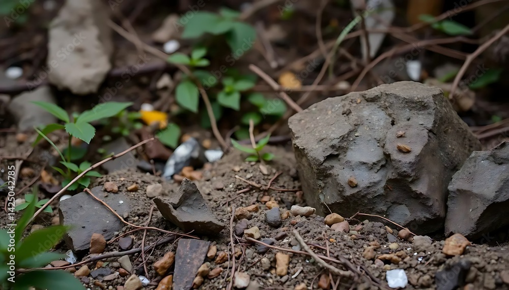 Earthy composition featuring rocks, soil, and vegetation in an outdoor setting Earthy composition featuring rocks, soil, and vegetation in an outdoor setting