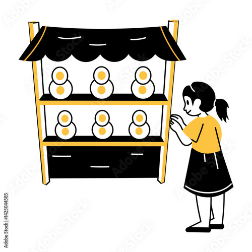 A hand drawn style illustration showing girl standing at shooting gallery 

