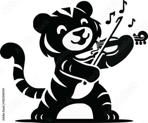 Tiger Playing Violin: A playful tiger with a cheerful grin is seen playing a violin in this cartoon image.  The tiger has a striped tail and appears to be enjoying the music.