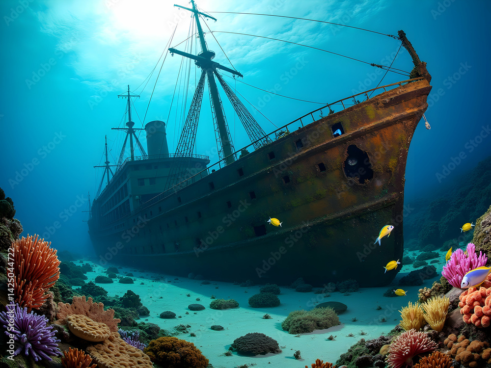 A majestic sunken shipwreck resting on the ocean floor, half-buried in sand, teeming with marine life and surrounded by colorful coral reefs, under a sunlit surface