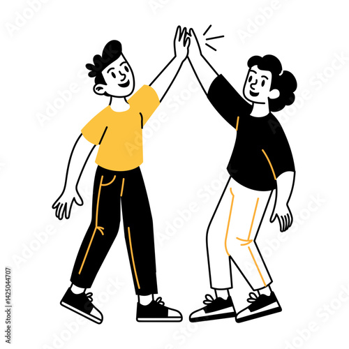 Two friends giving high five, hand drawn style illustration 

