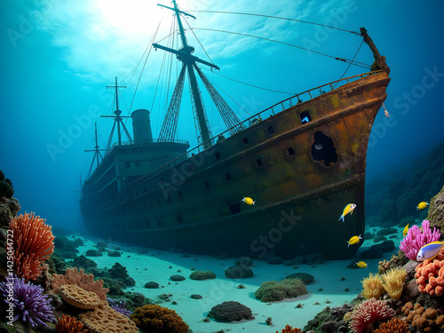A majestic sunken shipwreck resting on the ocean floor, half-buried in sand, teeming with marine life and surrounded by colorful coral reefs, under a sunlit surface