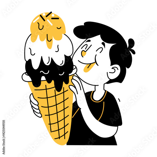 A kid eating large ice cream, hand drawn style illustration 

