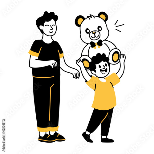 Happy kid enjoying with his father, hand drawn style illustration 
