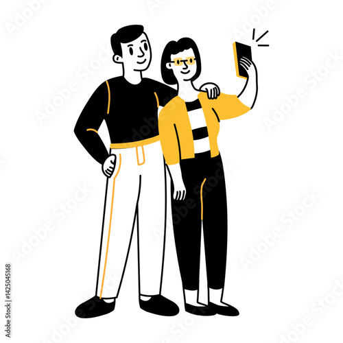 A cute couple taking selfie, hand drawn style illustration 


