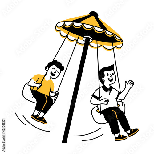 A hand drawn style illustration showing two characters enjoying a spinning swing 

