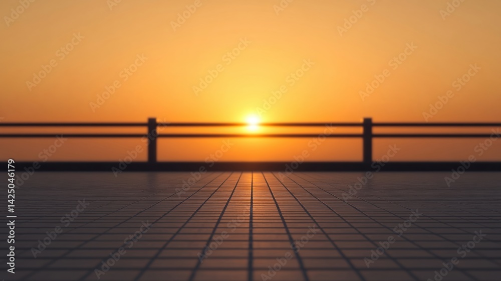 Obraz premium A serene sunset view with a warm orange glow, framed by a railing and reflecting on a tiled surface, creating a tranquil atmosphere.