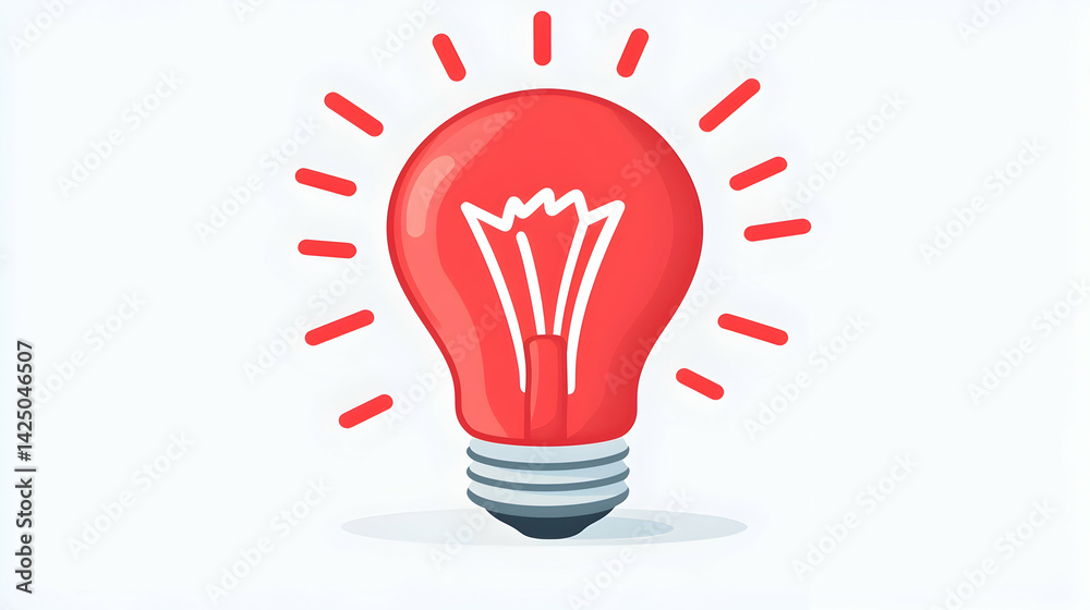 Fototapeta premium Red lightbulb glowing with bright rays on a light background, ideal for innovation or idea concepts