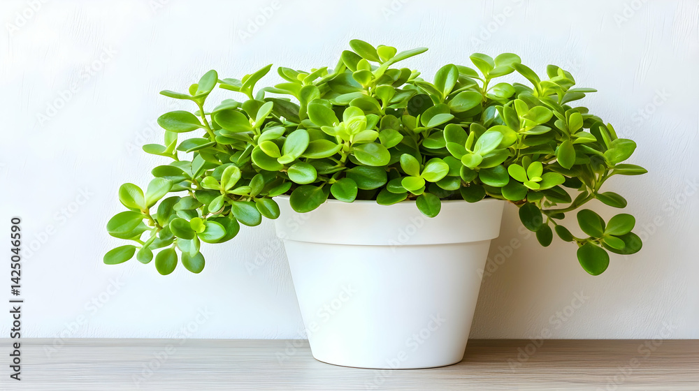 Obraz premium Indoor plant in white pot on light wood surface