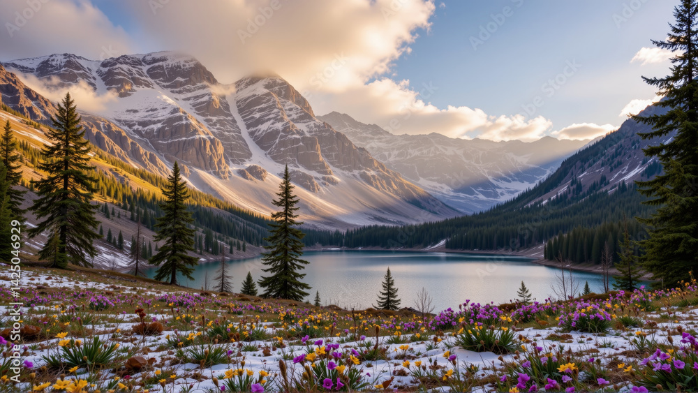 Fototapeta premium breathtaking landscape featuring majestic mountains, serene lake, and vibrant wildflowers in foreground. scene captures beauty of nature, with sunlight illuminating peaks and reflecting on water
