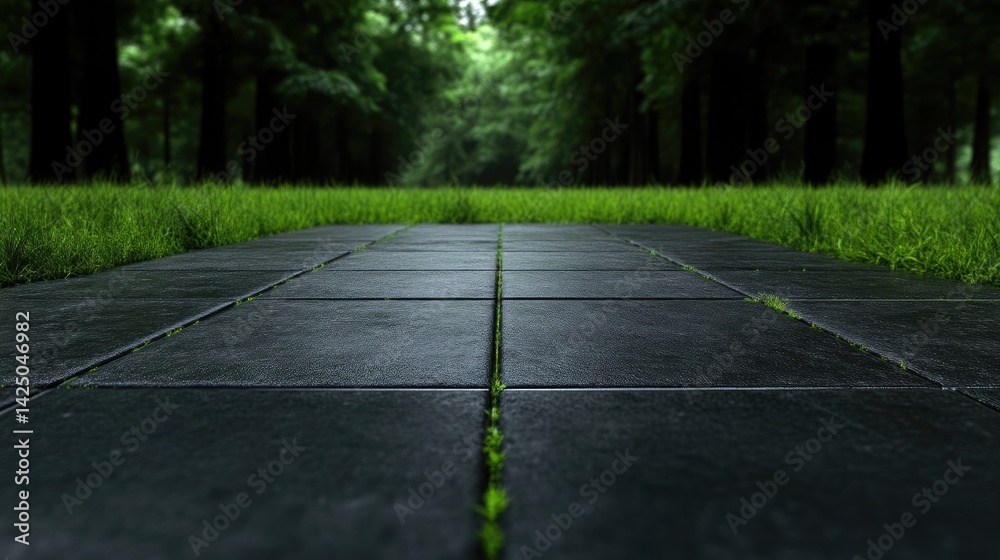 Obraz premium Dark paved path through lush green forest