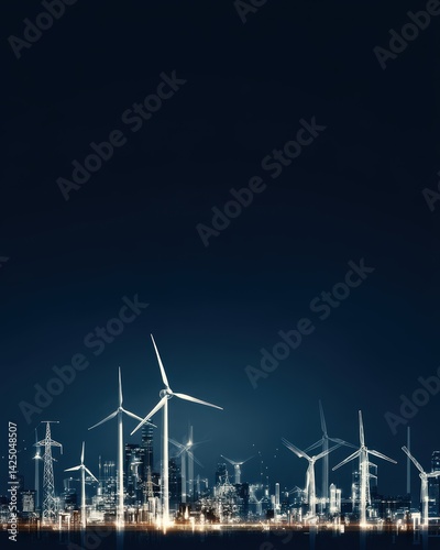 Energetic electric wind farm with cityscape power generator on dark background renewable resource