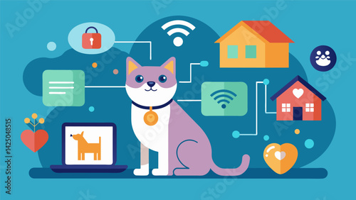 A virtual petsitting service that uses IoT to monitor and care for pets while their owners are away providing updates and peace of mind.. Vector illustration
