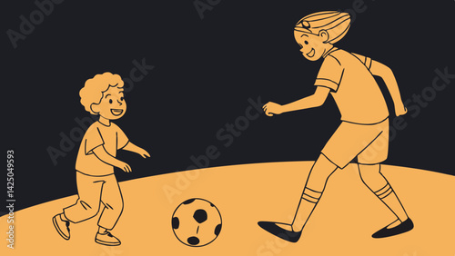 soccer player with ball isolated dark orange -black background vector, illustration.
