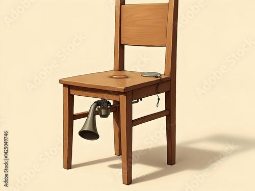 A Thought-Provoking Illustration Featuring a Wooden Chair Modified with an Old-Fashioned Horn and a Modern Wireless Charger Emphasizing Contrasts