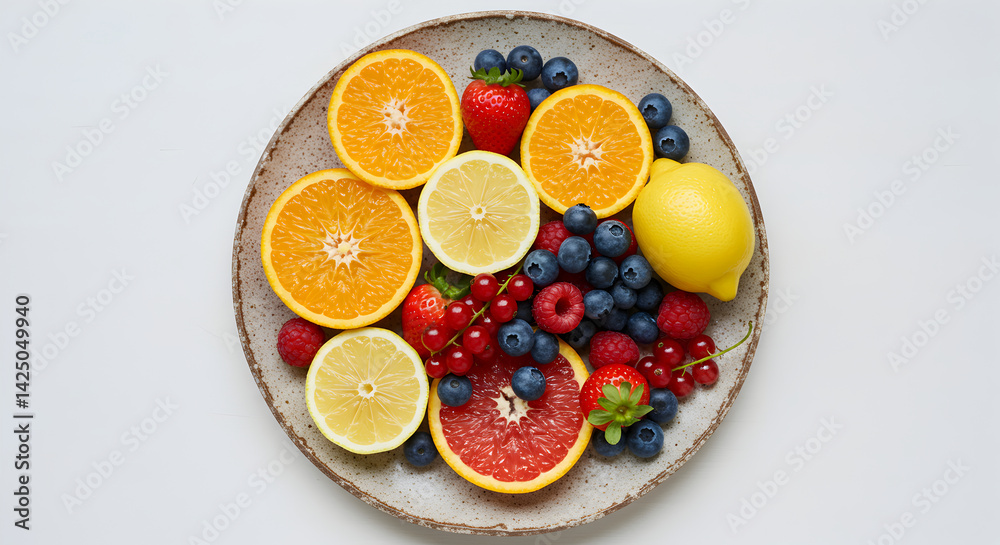 Vibrant Mixed Fruit Platter Containing Citrus And Berries On Bright Surface Vibrant Mixed Fruit Platter Containing Citrus And Berries On Bright Surface