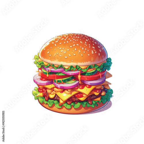High resolution and high quality anime style vector illustration of a brightly colored burger with several toppings on a simple white background.