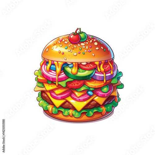 High resolution and high quality anime style vector illustration of a brightly colored burger with several toppings on a simple white background.