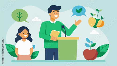 Prior to the swap a nutritionist gives a talk on the benefits of a plantbased diet for both personal health and the environment.. Vector illustration