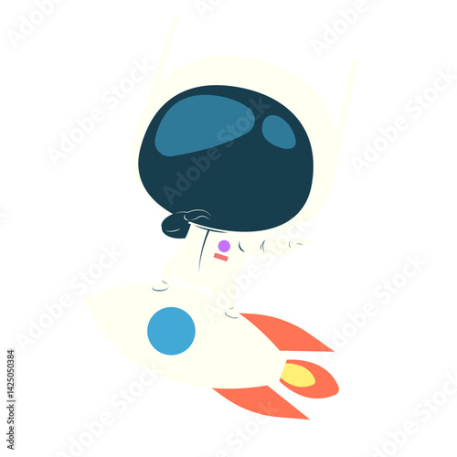 Adorable astronaut riding a rocket in flight. Ideal for space exploration themes, kids’ science visuals, futuristic adventures, or cosmic educational illustrations.