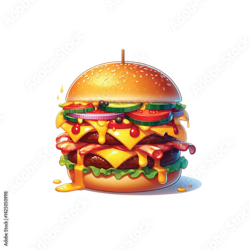 High resolution and high quality anime style vector illustration of a brightly colored burger with several toppings on a simple white background.
