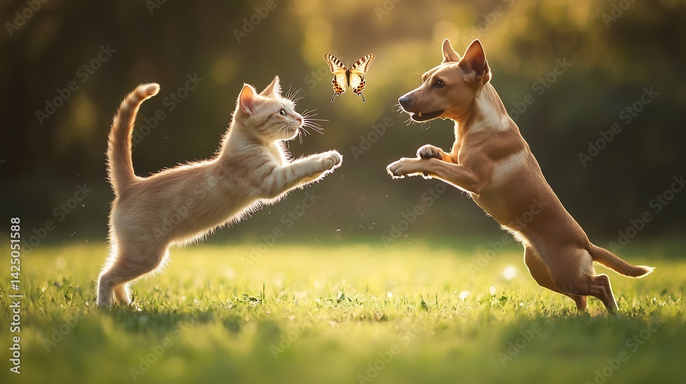 Fototapeta premium Playful Kitten and Dog Chase Butterfly: A Sunny, Joyful Scene