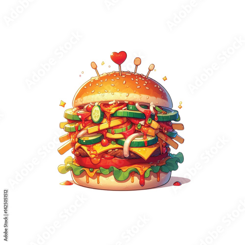 High resolution and high quality anime style vector illustration of a brightly colored burger with several toppings on a simple white background.