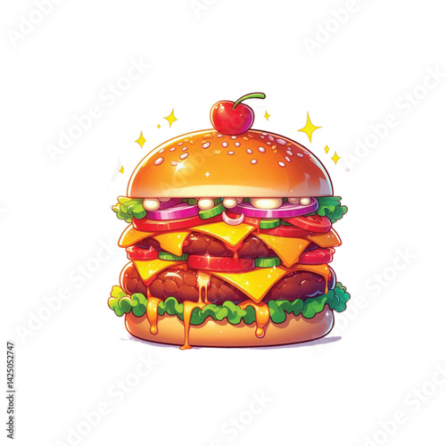 High resolution and high quality anime style vector illustration of a brightly colored burger with several toppings on a simple white background.