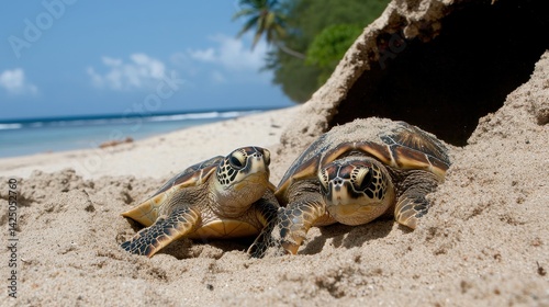 Two baby sea turtles resting on a sandy beach under a clear blue sky.