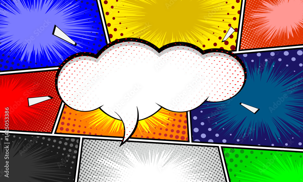 Comic books dialog bubbles. Cartoon book superhero scrapbook page template, empty comical speech clouds, graphic art frame layout template illustration. Pop art background with blank balloons