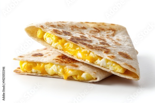 Delicious breakfast quesadilla with melted cheese and scrambled eggs on a white background close up view