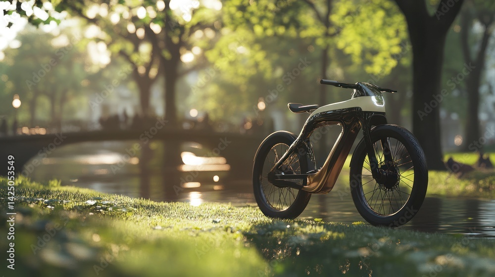 Futuristic electric bike resting by serene canalside setting in Amsterdam Futuristic electric bike resting by serene canalside setting in Amsterdam