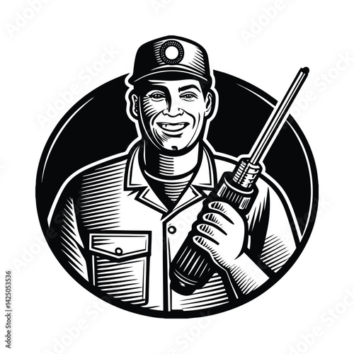 Smiling Handyman with Walkie Talkie – Vector Service Technician Illustration