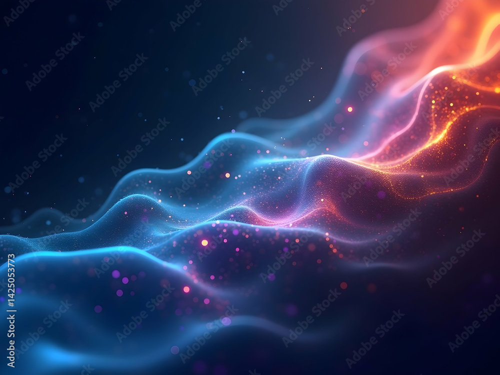 Abstract data visualization with flowing particle waves and vibrant color transitions, creating a dynamic and futuristic digital landscape for innovative designs