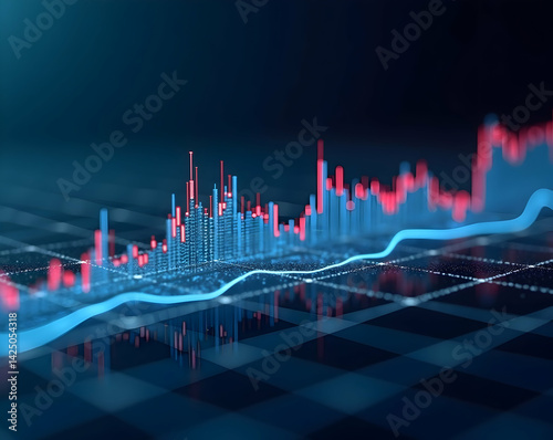 Abstract Financial Analysis, Scientific Graph Overlays on Transparent Glowing Grid representing Stock Market Trends and Data Visualization for Investment Strategies